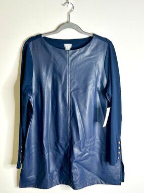 Chico's Navy Blue Faux Leather Panel Tunic Top Long Sleeve Preppy Career L NWT